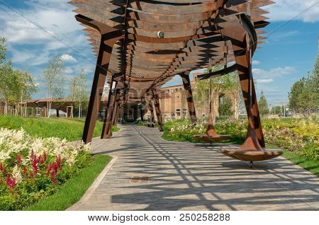 Moscow, Russia - July 06, 2018: Tufeleva roscha architecture park in Moscow. Summer day at landscape park walk