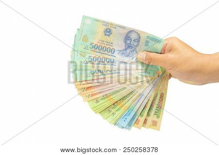 Clipping Path Money In Vietnam On Right Hand (socialist Republic Of Vietnam), Dong, Vnd, Pay, Exchan