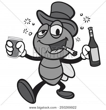 Black And White Bar Fly With Wine - A Vector Cartoon Illustration Of A Bar Fly With Wine.