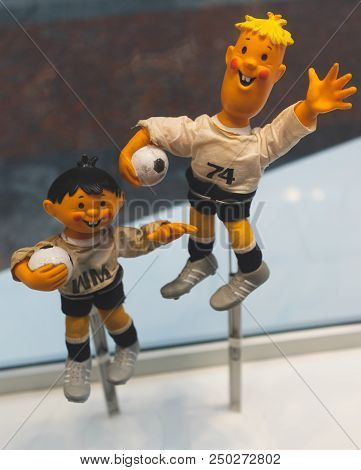 July 7, 2018, Moscow, Russia Official Mascot Fifa World Cup 1974 In West Germany  A Two Boys Wearing