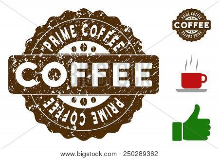 Prime Coffee Award Medallion Stamp. Vector Seal With Grunge Texture And Coffee Color For Rubber Stam