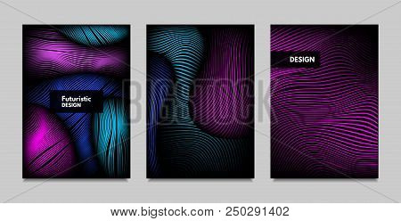 Fluid Metallic Shapes Abstraction. Covers With Trendy Vibrant Gradient And Movement Effect. Abstract