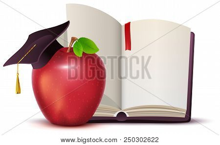 Open Book, Red Apple And Motarboard Symbol Of Knowledge And Education. Isolated On White Vector Cart