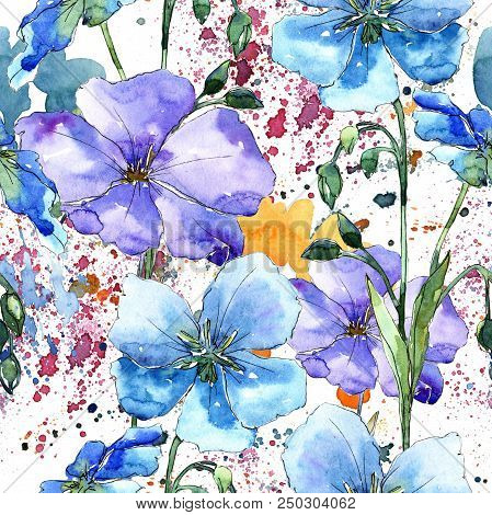 Blue Flax Flower. Floral Botanical Flower.seamless Background Pattern. Fabric Wallpaper Print Textur