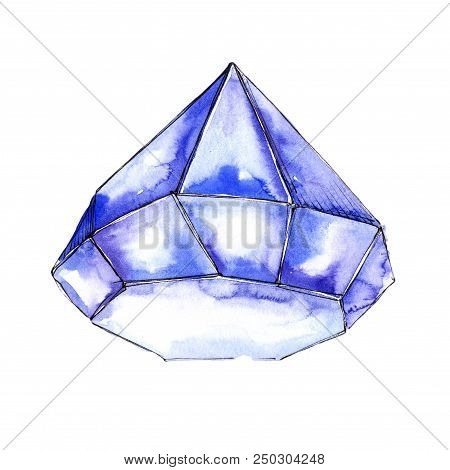 Blue Diamond Rock Jewelry Mineral. Isolated Illustration Element. Geometric Quartz Polygon Crystal S