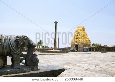 View Of South East Courtyard, Chennakeshava Temple Complex, Belur, Karnataka, India. The Lamp Post A