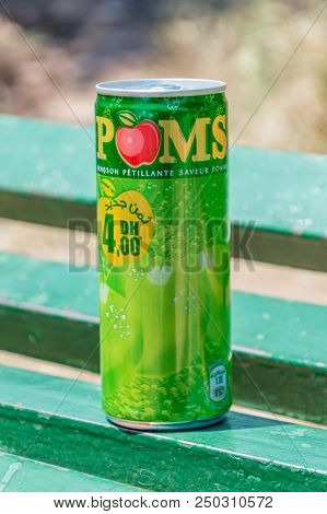 Marrakech, Morocco - June 4, 2018: Can Of Apple Poms Drink. Poms Is Brand Belong The Coca-cola Compa