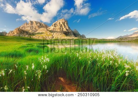 Summer Alpine Lake. Lago Dei Piani, Tre Cime, Italian Dolomites