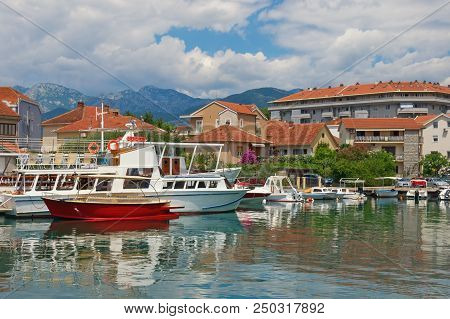 Summer Mediterranean Landscape With Fishing Boats In Harbor. Montenegro, Tivat City, View Of Marina 