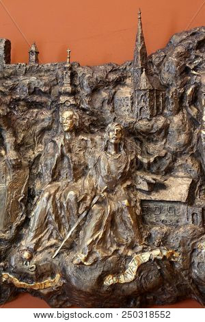 ZAGREB, CROATIA - MARCH 31: Saints Protasius and Gervasius, bas relief in Chapel of Saint Dismas in Zagreb, Croatia on March 31, 2015