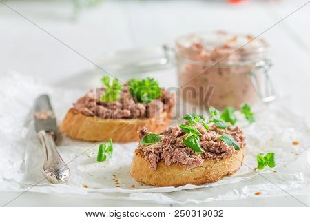 Fresh And Tasty Bruschetta With Fegatini And Herbs