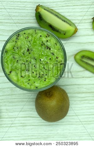 Kiwi Smoothies And Kiwi Fruit Isolated On White Background From Top View