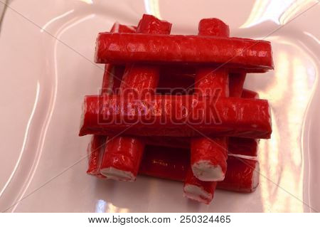 Close Up Frozen Crab Sticks Background Texture