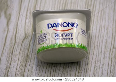 Russia Berezniki March 12, 2018 - Danone Natural Yoghurt Contains Live Bacteria Culture Of Healthy E