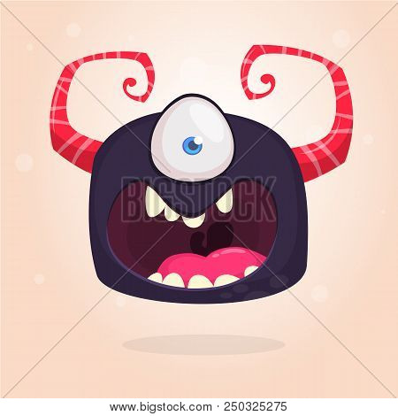 Angry Bllack Cartoon Monster With One Eye. Big Collection Of Cute Monsters. Halloween Character. Vec