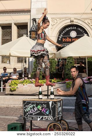Cracow, Poland - July 5, 2018: Performance Of The Happy Hour Show Performed By Duo Looky From Israel