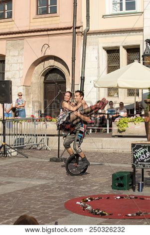 Cracow, Poland - July 5, 2018: Performance Of The Happy Hour Show Performed By Duo Looky From Israel
