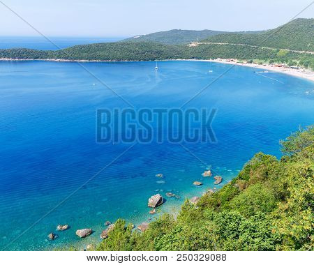 View From Above On Adriatic Sea Coastline And Jaz Beach At Montenegro, Nature Landscape, Vacations T