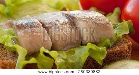 Two Sandwiches Of Rye Bread And Herring With Lettuce, Tomatoes And Cucumber
