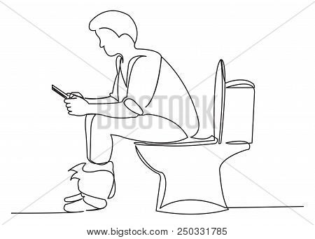Continuous Single Drawn One Line Man Sitting On The Toilet With A Tablet Hand-drawn Picture Silhouet