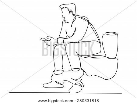 Continuous Single Drawn One Line Man Sitting On The Toilet With A Phone Hand-drawn Picture Silhouett