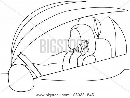 Continuous Single Drawn One Line Woman At The Wheel Of A Car Talking On The Phone Hand-drawn Picture