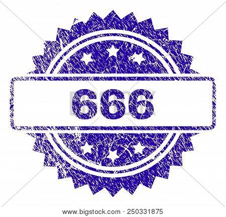 666 Stamp Imprint With Grainy Style. Blue Vector Rubber Seal Print Of 666 Text With Scratched Textur