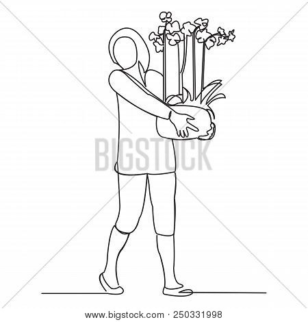 Continuous Single Drawn One Line Girl With Flowers In A Pot Hand-drawn Picture Silhouette. Line Art.