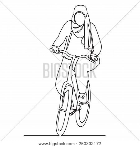 Continuous Single Drawn One Line Muslim Woman On A Bicycle Drawn By Hand Picture Silhouette.line Art