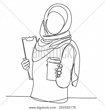 Continuous Single Drawn One Line Muslim Woman Drinks Coffee At Work Drawn By Hand Picture Silhouette