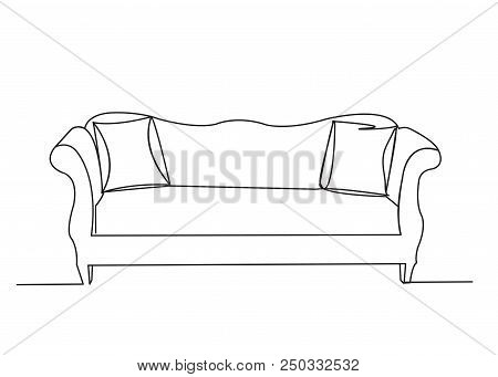 Close-up. Sofa With Two Pillows. Interior Of The Living Room. One Continuous Drawing Line Drawn By H