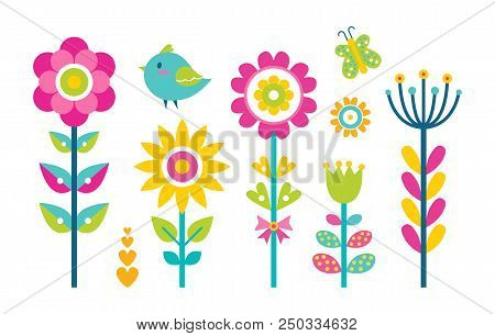 Flowers Collection, Blossom And Leaves Heart-shaped Plants Butterfly And Bird Of Blue Color Florets 
