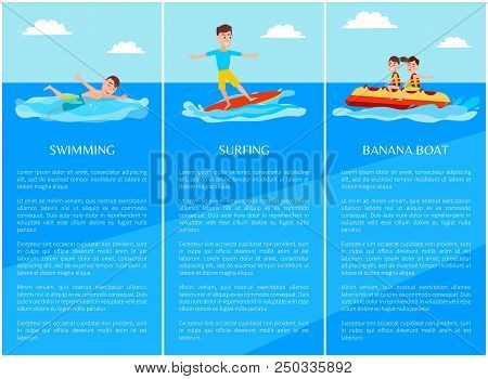 Swimming And Surfing, Banana Boat Collection Of Posters With Text Samples And Headlines, Set Of Wate