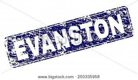 Evanston Stamp Seal Print With Distress Texture. Seal Shape Is A Rounded Rectangle With Frame. Blue 