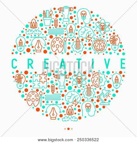 Creative Concept In Circle With Thin Line Icons: Generation Of Idea, Start Up, Brief, Brainstorming,