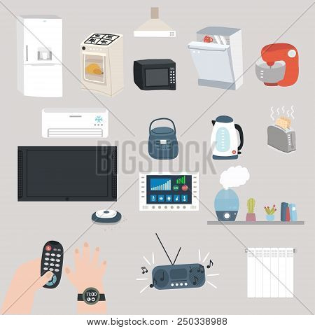 Technology Items Set. Refrigerator, Stove, Extractor Hood, Etc. Vector Illustration.