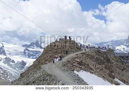 Zermatt, Switzerland. July 4 2017: Mountain Landscape, In The Pennine Alps In The Canton Of Valais