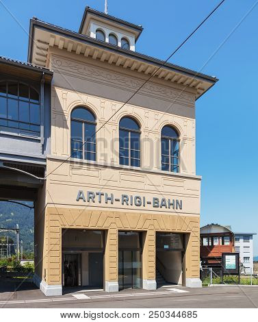 Arth, Switzerland - July 19, 2018: Entrance To The Arth-rigi-bahn Railway Station In The Town Of Art