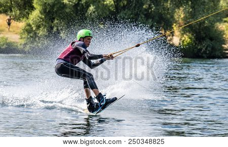 Duisburg , Germany - July 18 2018 : Boy Having Fun With Waterski On The Lake.