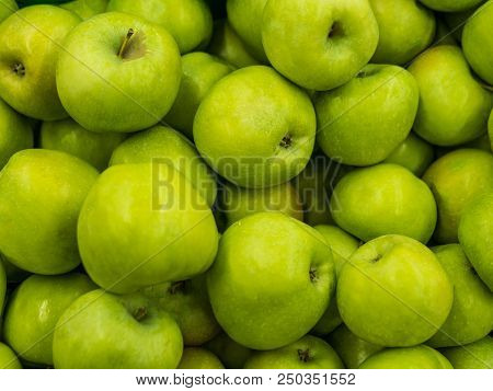 Green Apples. Fitness Diet Detox Concept. Green Fresh Apples Harvests Close Up. A Backdrop Of Green 