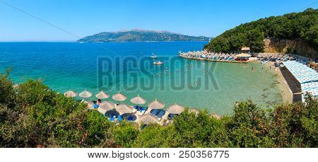 Ksamil, Albania - July 13,2016: Summer Top View Of Pema E Thate Beach.