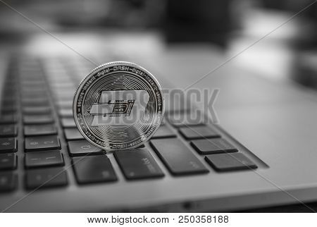 Dash Coin Symbol On Laptop. Concept Financial Currency, Crypto Currency Sign. Blockchain Mining. Dig