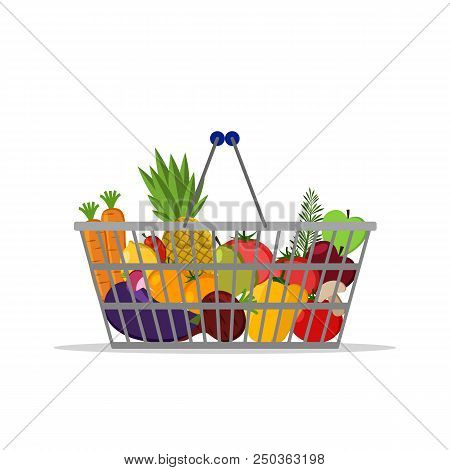 Full Basket With Different Healthy Food. Fruits And Vegetables. Supermarket Shopping Basket. Flat Ve