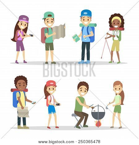 Set Of Tourist Characters. Vaction Or Travel Concept. Young Travelers With Different Equipment For C