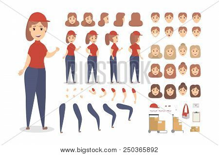 Beautiful Female Courier Character Set For Animation With Various Views, Hairstyles, Emotions, Poses