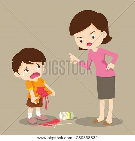 Little Boys Are Stained At The Shirt.accident Beverage Boys Stained At The Shirt Mom Scold