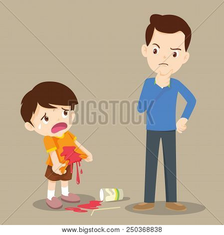 Little Boy Are Stained At The Shirt.accident Beverage.boy Stained At The Shirt With Dad Look At.
