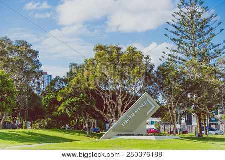 Gold Coast, Australia - January 7th, 2015: Tropical Trees And High-rise Buildings In Surfers Paradis