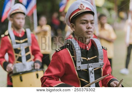 Kanchanaburi Thailand - July 18 :   Thai School Marching Band On Street, In Athletic Game Opening Da