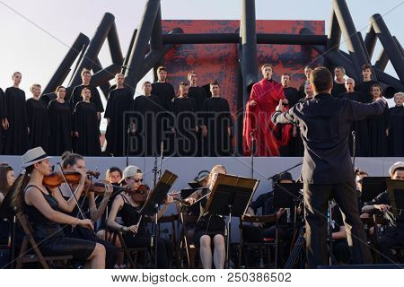 ST. PETERSBURG, RUSSIA - JULY 15, 2018: Actors perform the opera Macbeth of G. Verdi outdoors during the festival All Together Opera. It was 2nd of 4 performances